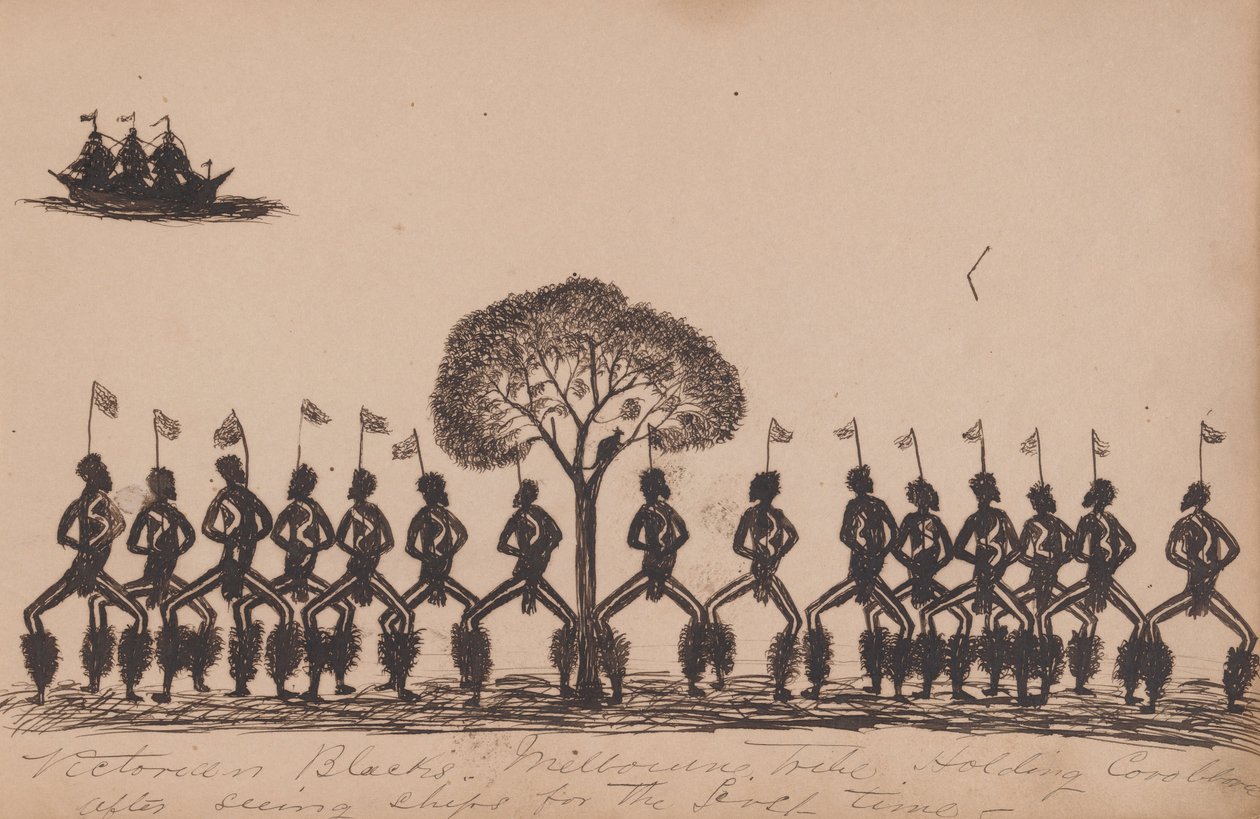 Kwatkwat pessoas - negros vitorianos - Melbourne tribo segurando corroboree depois de ver navios pela primeira vez-Sketchbo ... de Tommy McRae