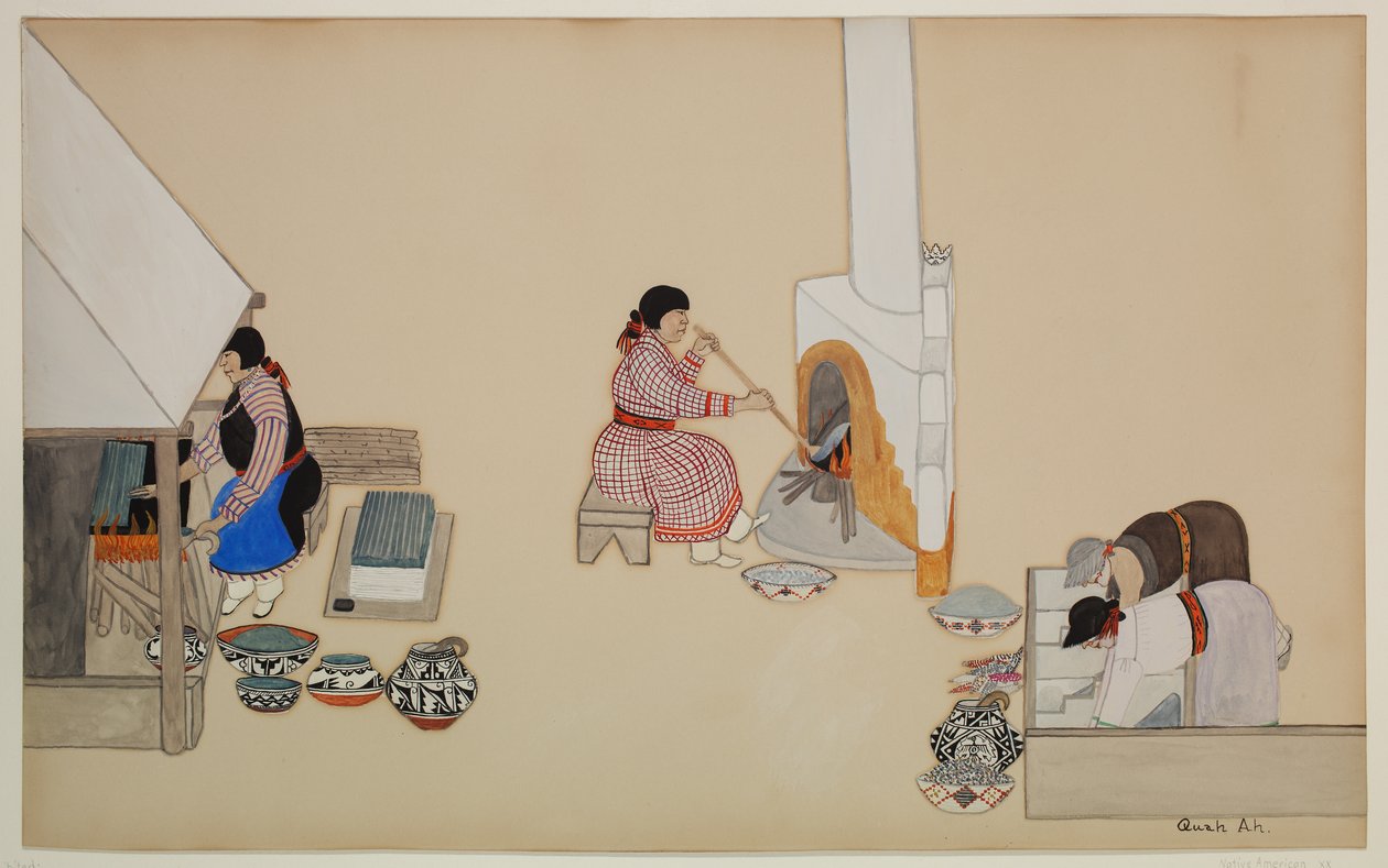 Women Weaving and Supervising Kiln, início do século XX (casein em papel) de Tonita Peña