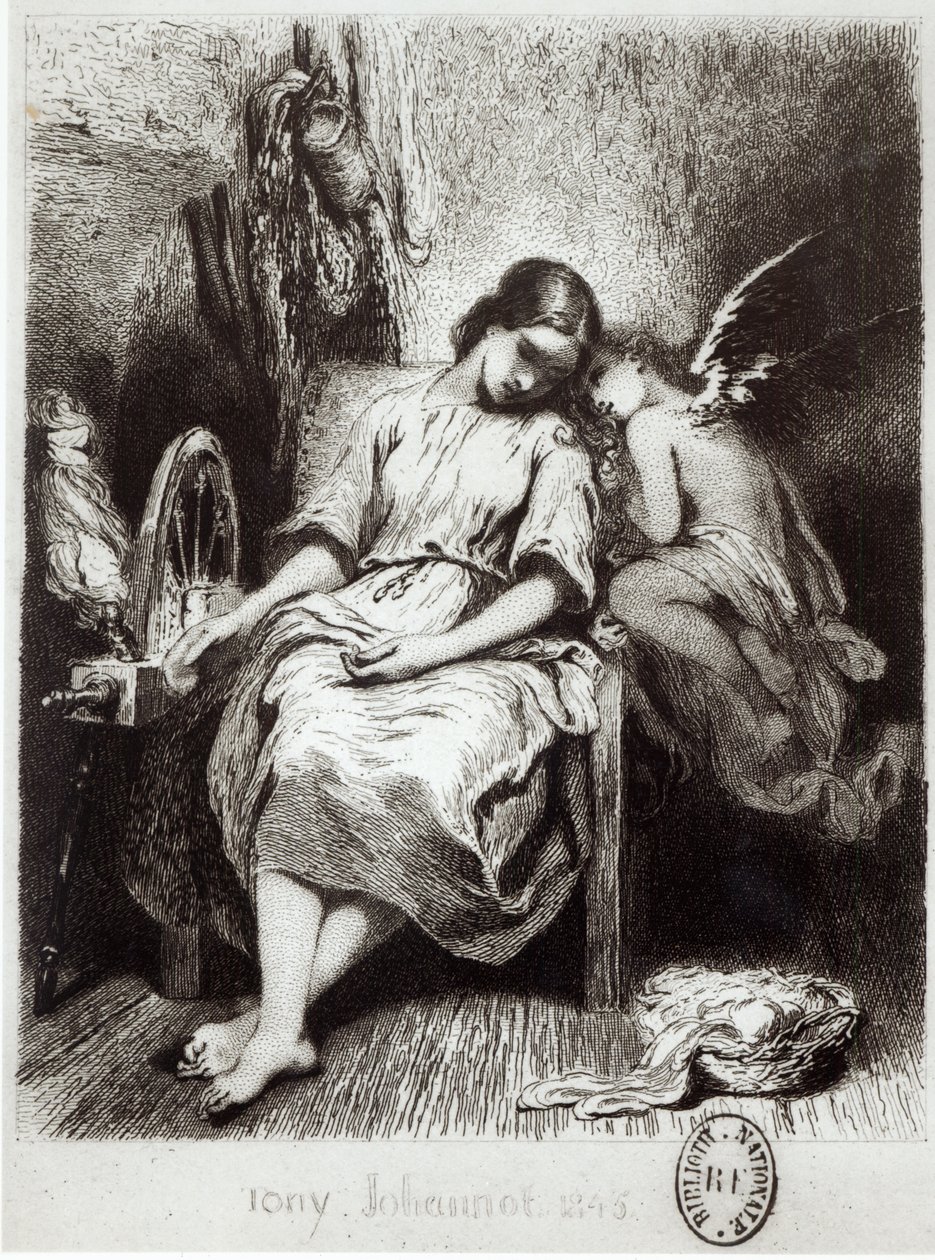 Uma jovem mulher cochilando com um anjo, ilustração de &39;Contes Choisis&39; por Charles Nodier (1780-1844) de Tony Johannot