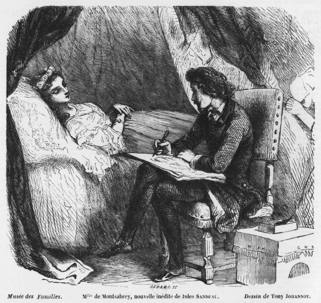 Desenhando um retrato funerário, ilustração de "Mademoiselle de Montsabrey" por Jules Sandeau (1811-83) gravado por Gerard de Tony Johannot