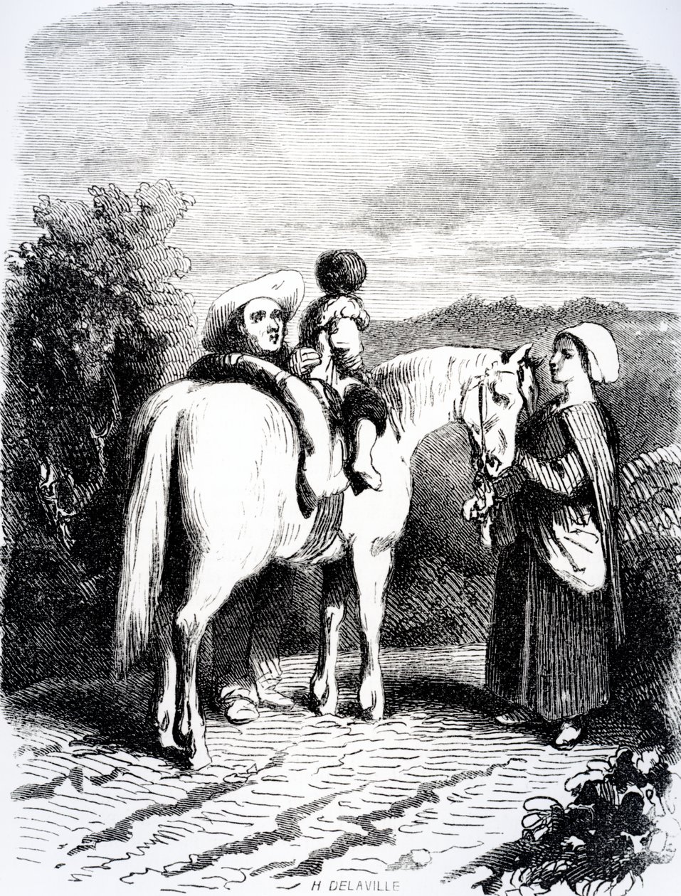 Marie e o pequeno Pierre em um cavalo, ilustração de &39;The Devil&39;s Pool&39;, de George Sands, 1851 de Tony Johannot