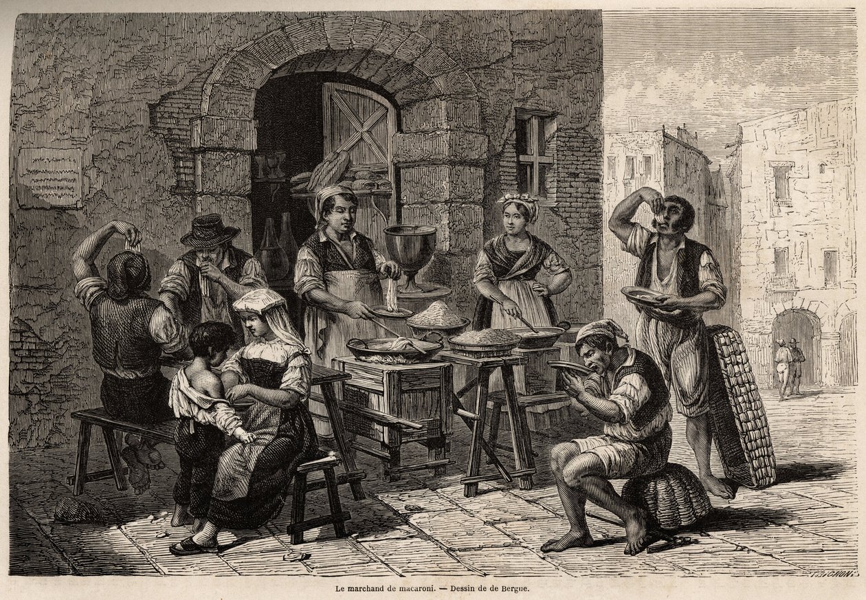 O comerciante de macarrão, desenho de Bergue, para ilustrar Nápoles e os napolitanos, em 1861, de Marc Monnier (1829-1885). Gravura em "Le tour du monde", de 1861. A coleção de Selva. de Tony Francois de Bergue