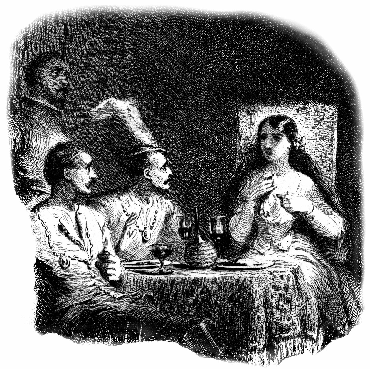 Uma mulher jovem e três homens em frente a copos de vinho. Pormenor de uma gravura (água-forte) de Tony Johannot (Antoine Johannot, dit de Tony Johannot