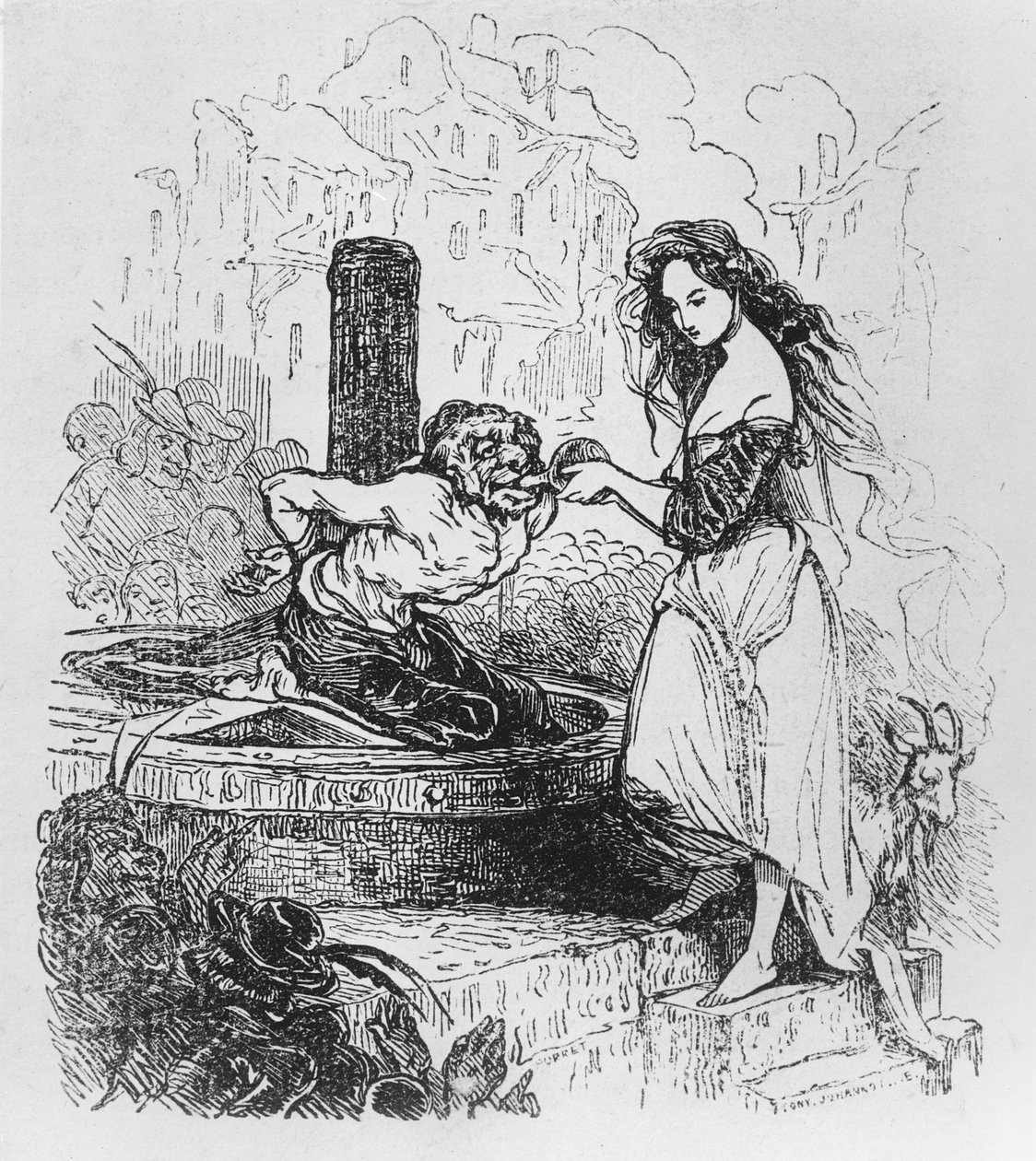 Esmeralda dando uma bebida a Quasimodo, ilustração de "O Corcunda de Notre Dame" de Victor Hugo de Tony Johannot