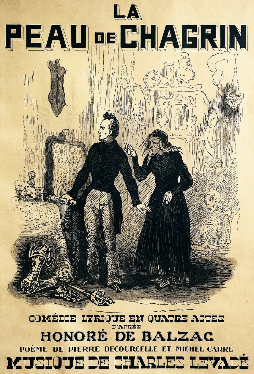 Cartaz para Le peau de chagrin, ópera cômica, libreto de Pierre Decourcelle e Michel Carre, música de Charles Levade, do romance de Honore De Balzac, Desenho de Tony Johannot de Tony Johannot