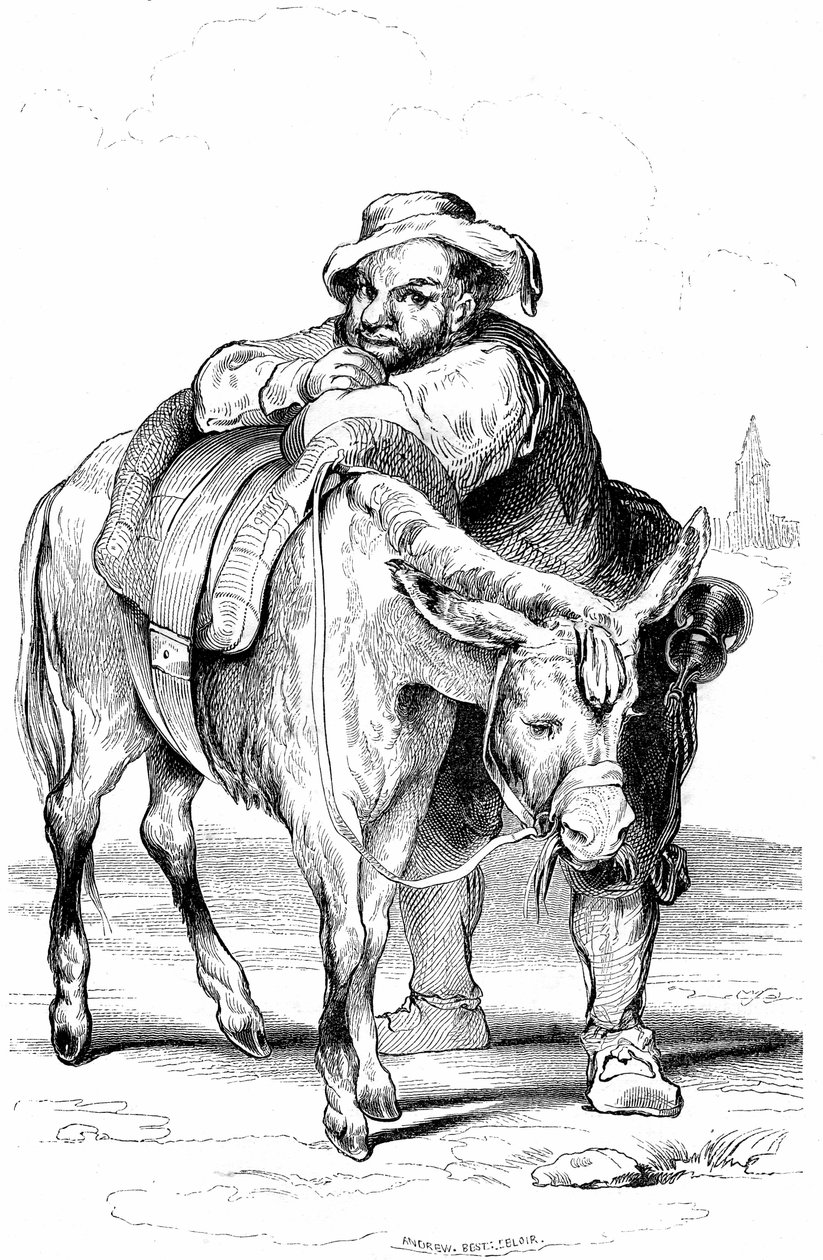Sancho Panza (Panca), escudeiro de Dom Quixote (Quijote, Quixote) e o seu burro. Ilustração do romance de Cervantes publicado em França em 1845 por Dubochet  Cie, tradução de Louis Viardot, gravuras de ony Johannot. de Tony Johannot
