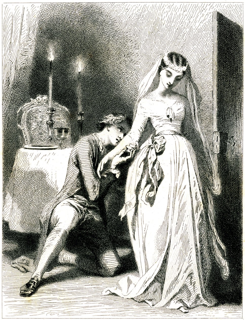 Amante suspirante ajoelha-se aos pés do seu belo noivado num interior à luz de velas - rapariga com vestido e penteado românticos - gravura (água-forte 1845) de Tony Johannot (Antoine Johannot dit de Tony Johannot