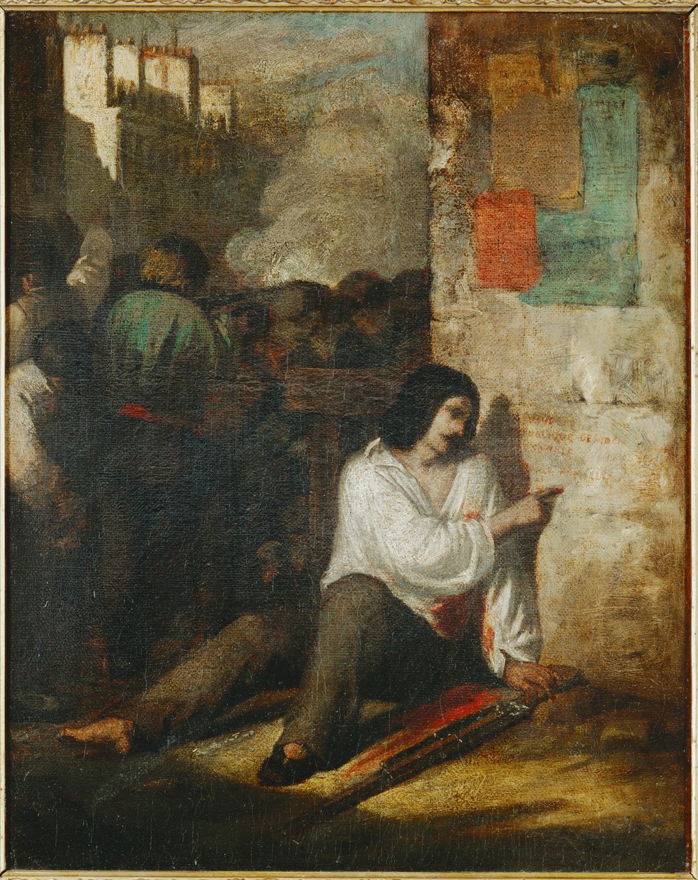 A barricada de 1848, também chamada O revolucionário ferido ... (pintura sobre tela) de Tony Johannot