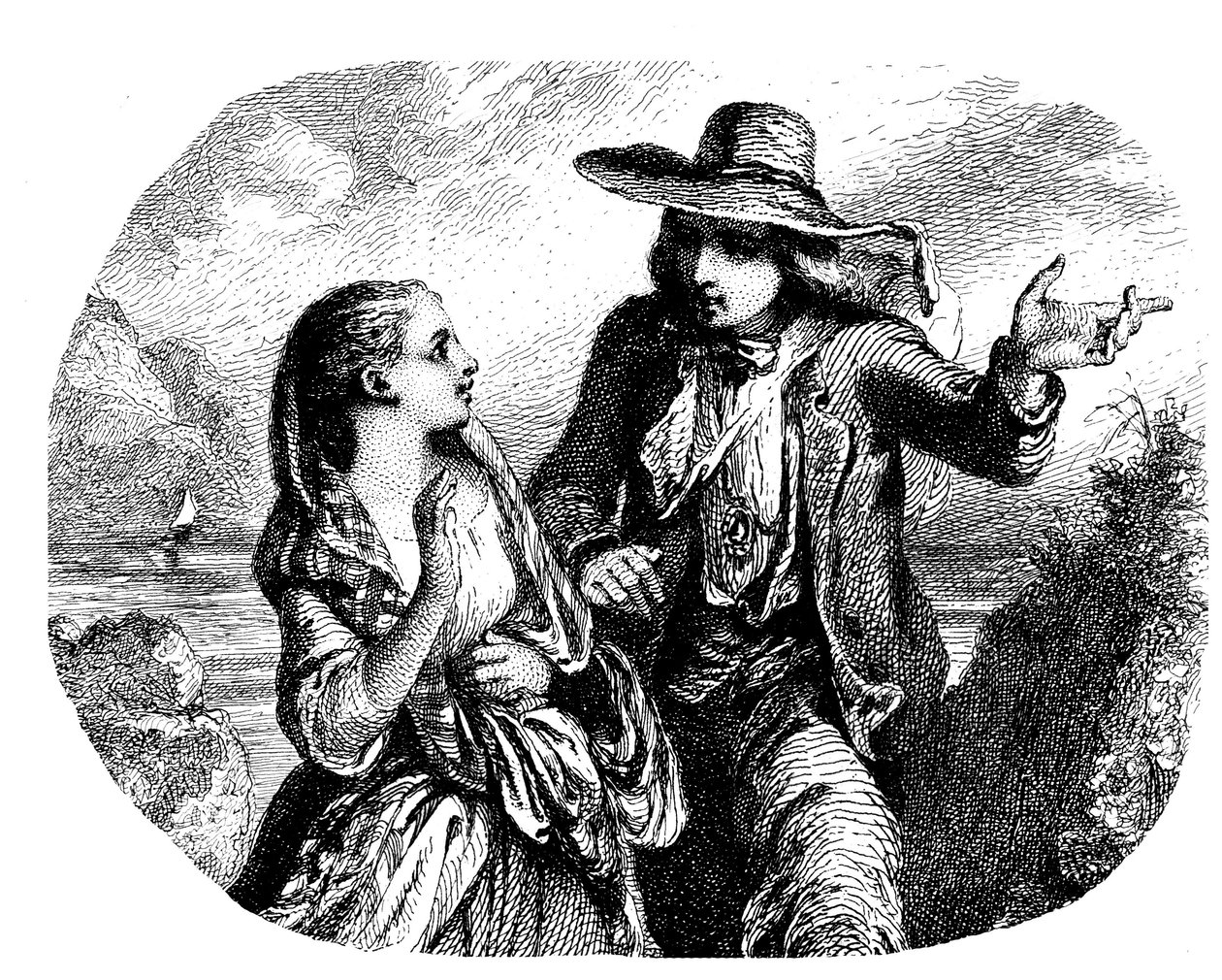 Dois amantes junto à água (rio - lago - mar) com um barco (barco à vela - veleiro) à distância - gravura (pormenor) de Tony Johannot (Antoine Johannot disse de Tony Johannot