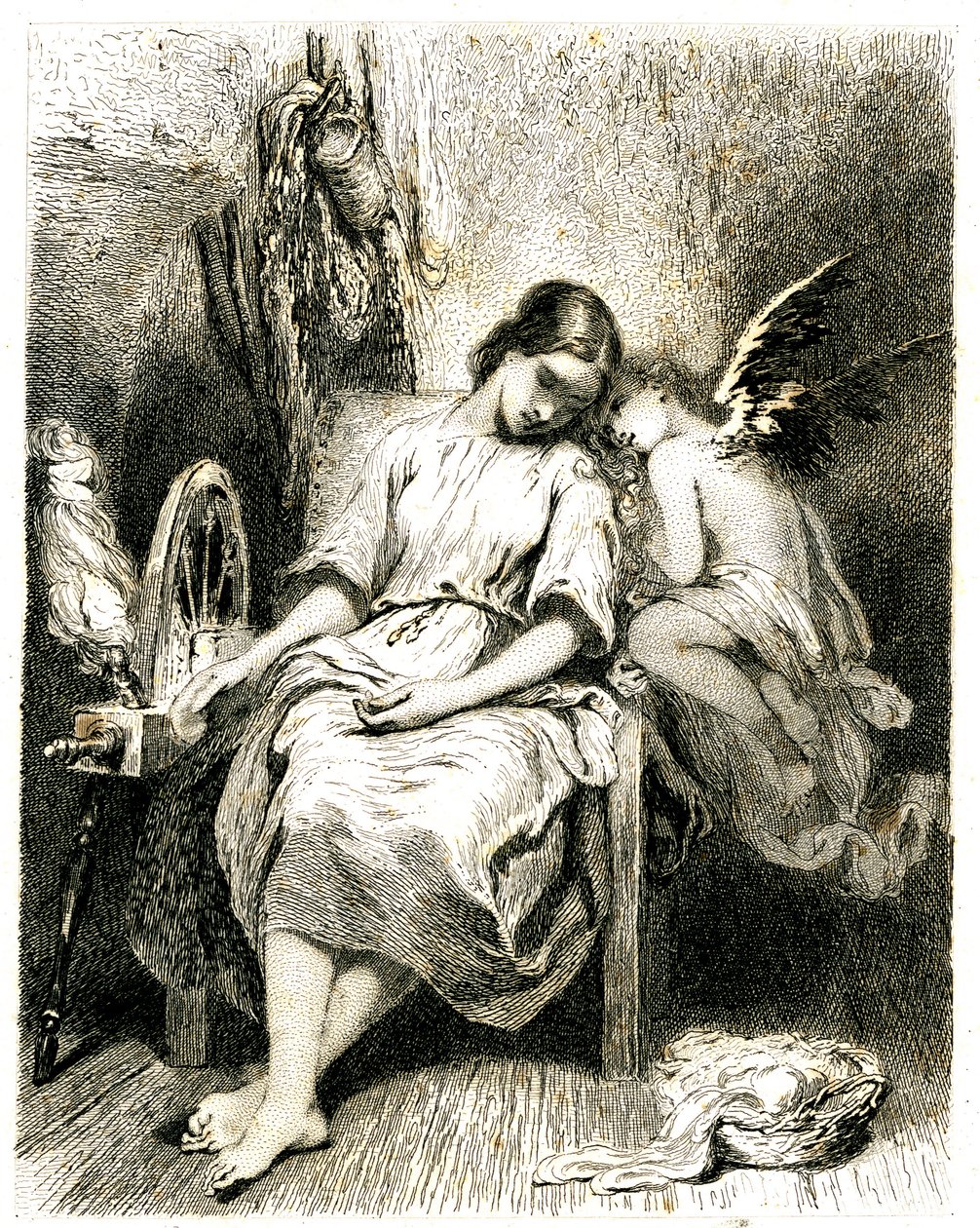 Jovem mulher (fiandeira) a dormir junto à sua roda - um angelot inclina-se sobre o seu ombro - sono - sonho - devaneio - amor - gravura (água-forte 1845) de Tony Johannot (Antoine Johannot dit de Tony Johannot