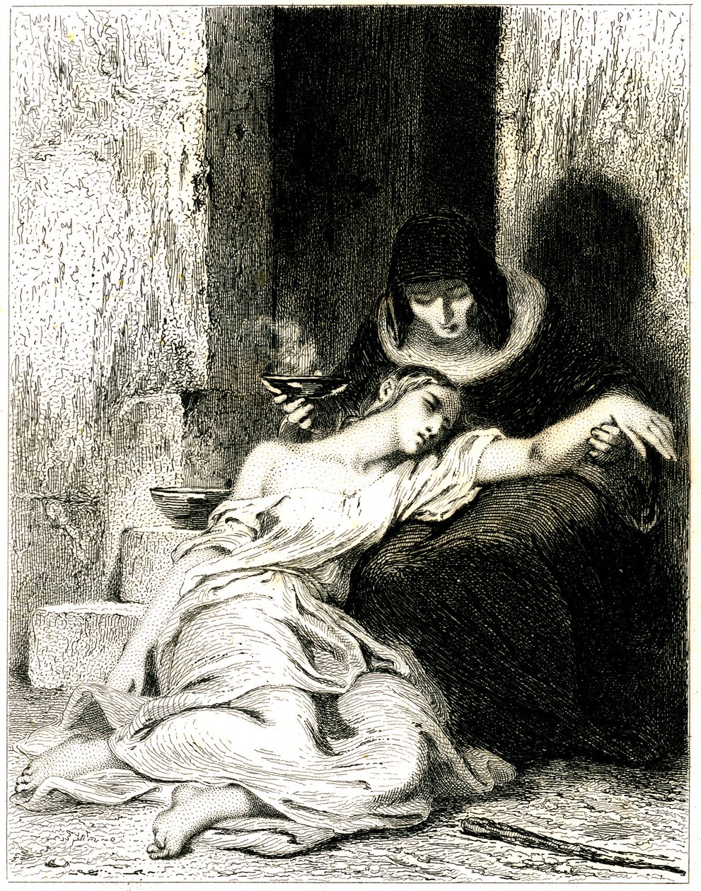 Mulher jovem visivelmente sofredora (doente) deitada sobre os joelhos de uma mulher mais velha que a obriga a tomar uma poção (medicamento) - gravura (água-forte) de Tony Johannot (Antoine Johannot dit de Tony Johannot