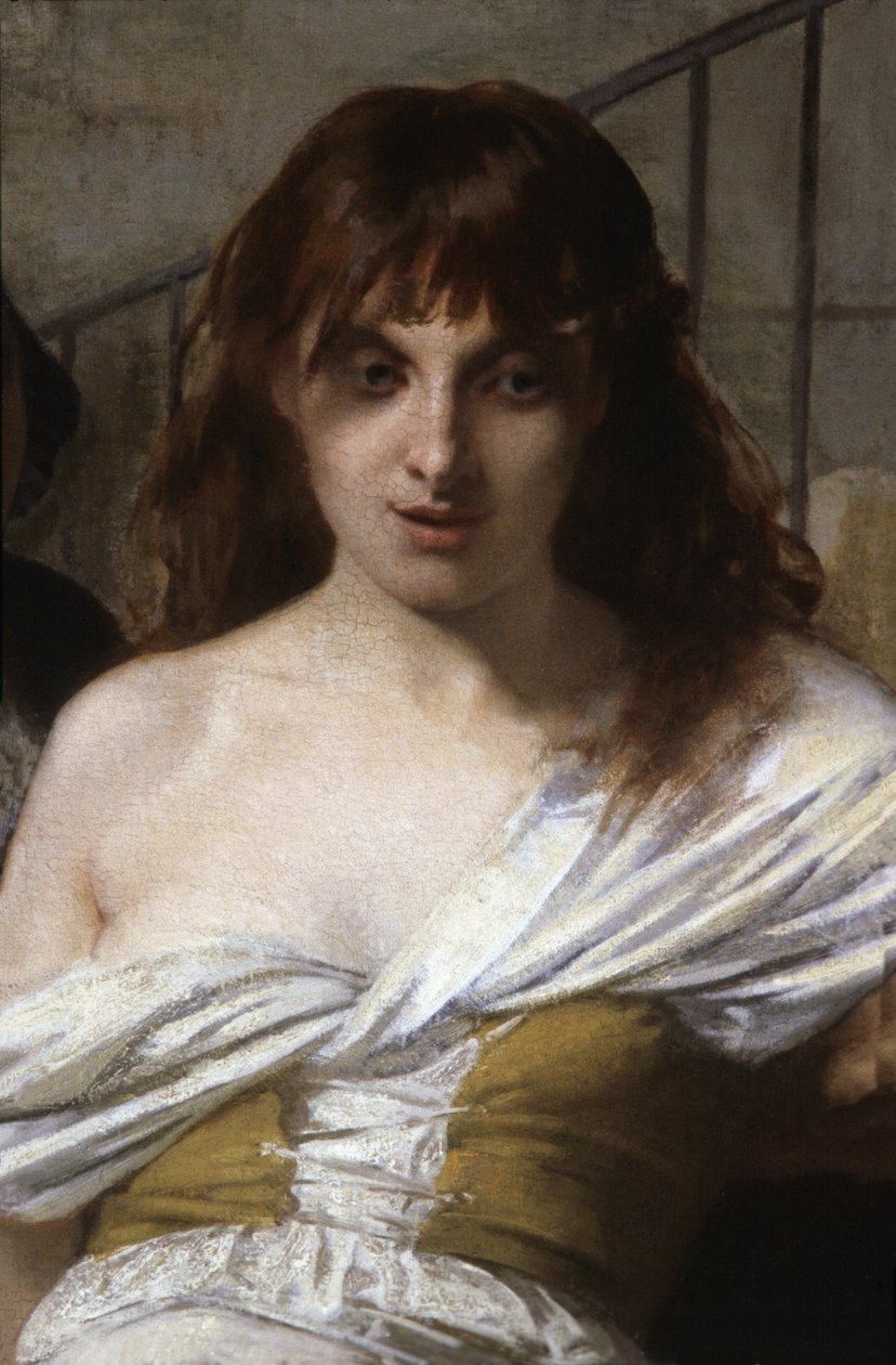Uma mulher louca. Pormenor de Philippe Pinel a entregar os loucos em La Salpetriere de Tony Robert Fleury