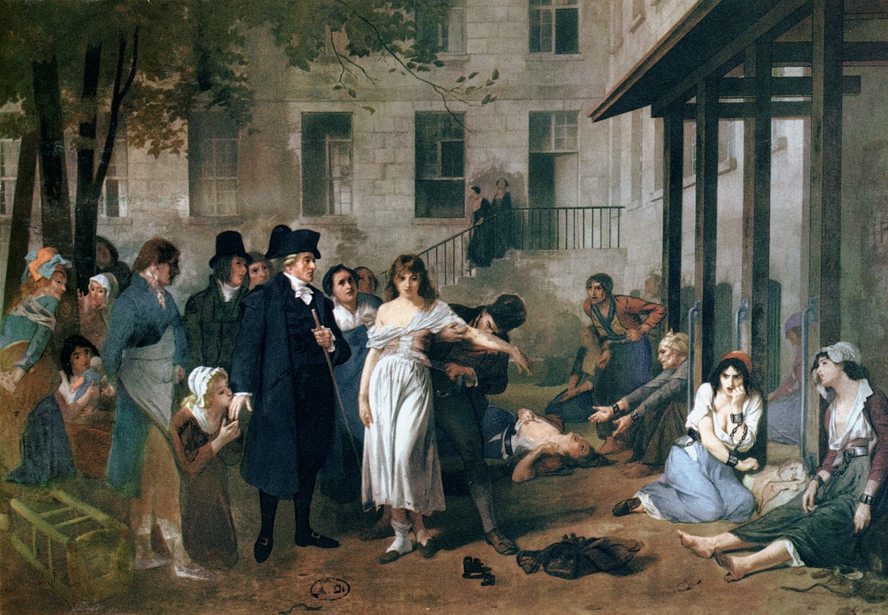 Philippe Pinel (1745-1826) libertando lunáticos de suas cadeias no asilo Salpetriere em Paris em 1795 de Tony Robert Fleury