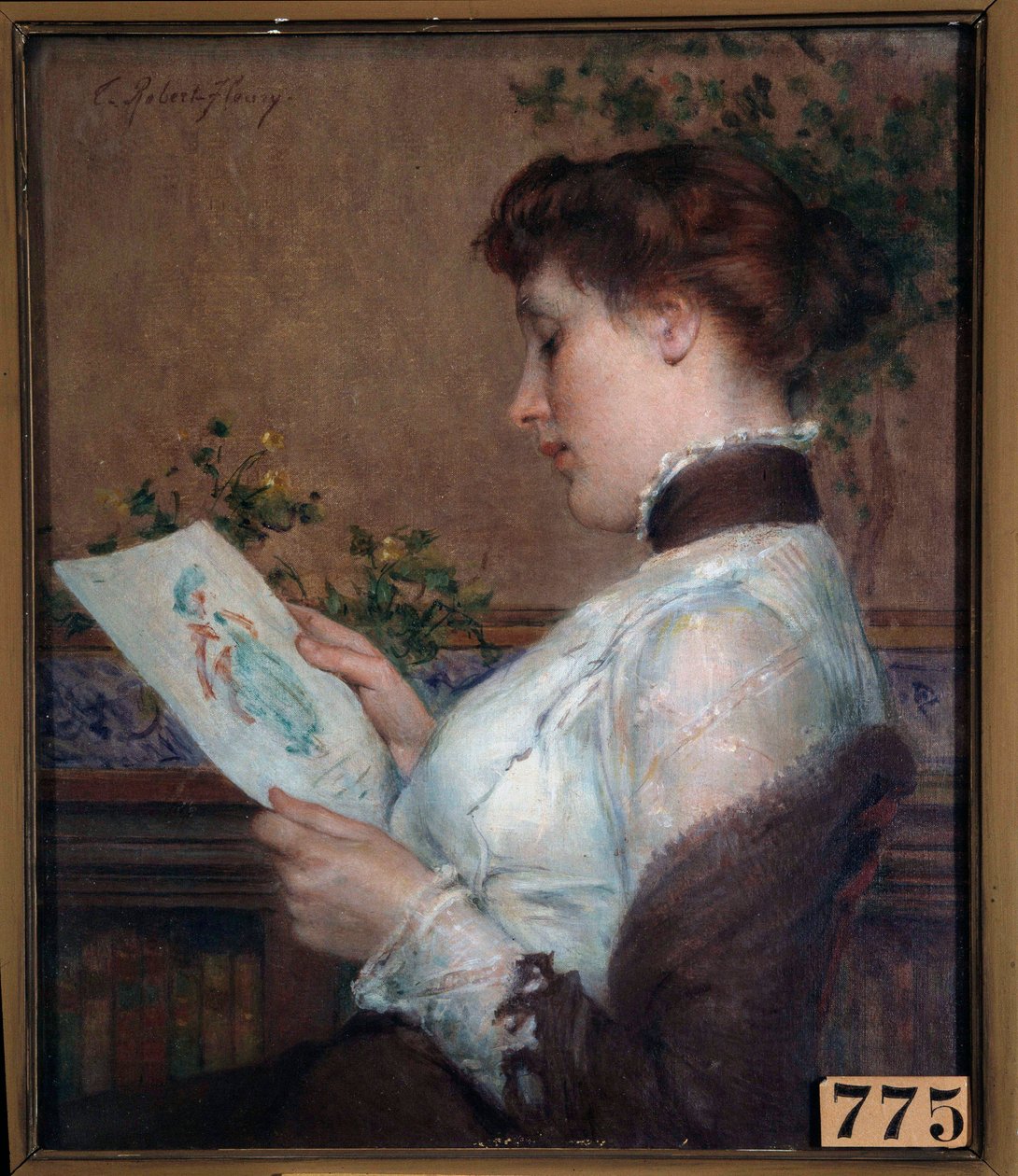 A imagem Uma mulher a admirar um desenho. Pintura de Tony Robert Fleury (1837-1912) Orleans do século XIX, Musee des Beaux Arts de Tony Robert Fleury