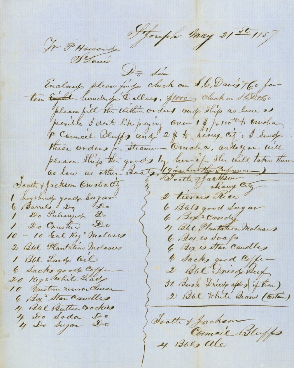 Carta assinada Tootle & Jackson, Council Bluffs, para W.P. Howard, St. Louis, 21 de Maio de 1857 de Tootle and Jackson