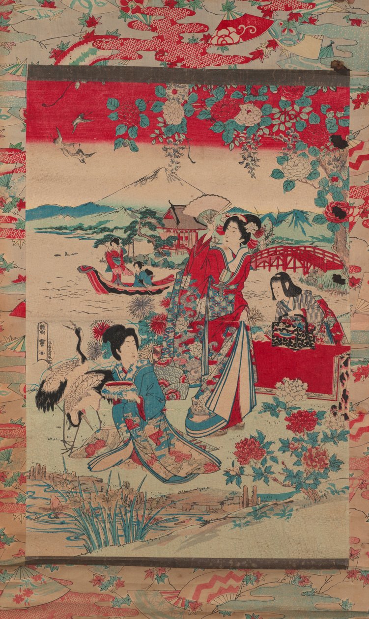 Gueixas em uma paisagem, c.1870-80 (impressão em xilogravura colorida) de Torakiyo Sato Torakiyo Sato