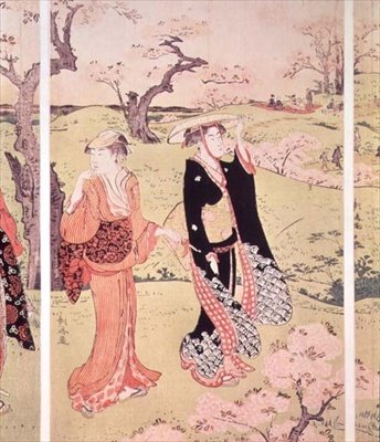 Flores de cerejeira em Asakayama perto de Edo, c.1787-88 (impressão do woodblock da cor) de Torii Kiyonaga