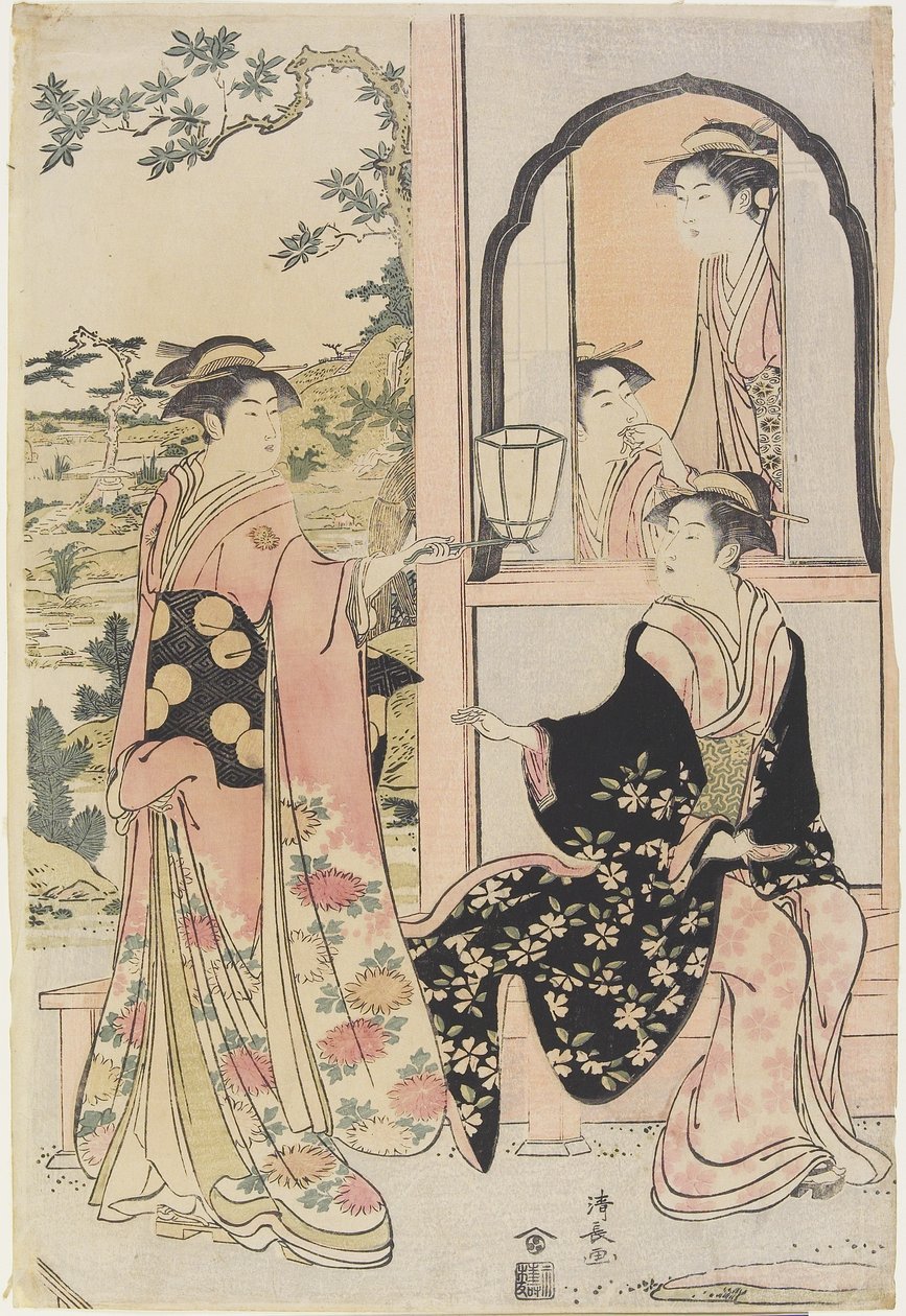 Quatro mulheres em Mitate como Ushiwaka Serenading Jo_-ruri-hime, 1785 de Torii Kiyonaga