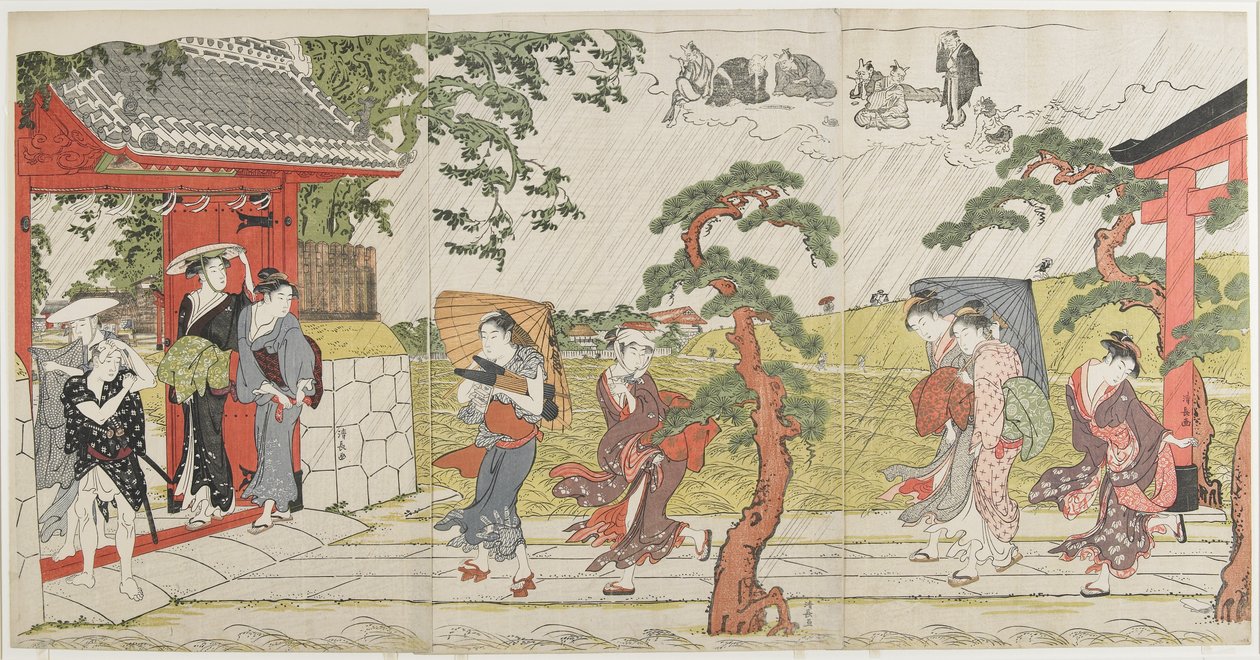 Chuveiro repentino no Santuário Mimeguri, 1787 de Torii Kiyonaga