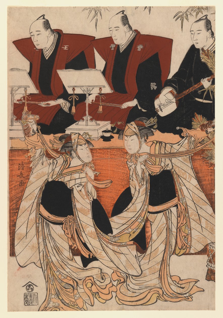 Dois atores como Iwai Hanshiro IV e Segawa Kikunojo III na dança Karukoma, acompanhados de recitação de Joruri, c.1783 (impressão xilogravura colorida) de Torii Kiyonaga