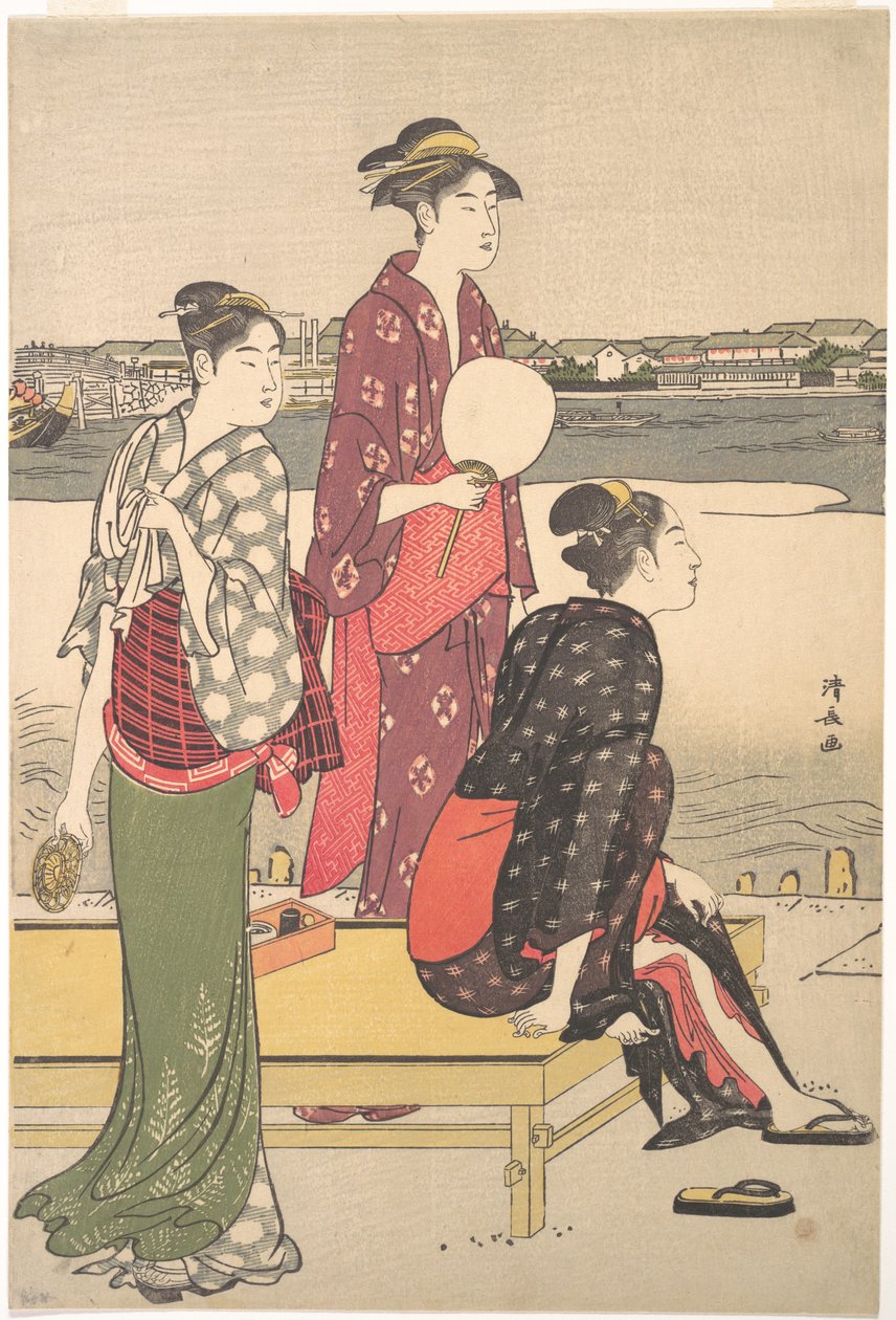 Cópia colorida de Ukiyo-e de três belezas por Torii Kiyonaga de Torii Kiyonaga