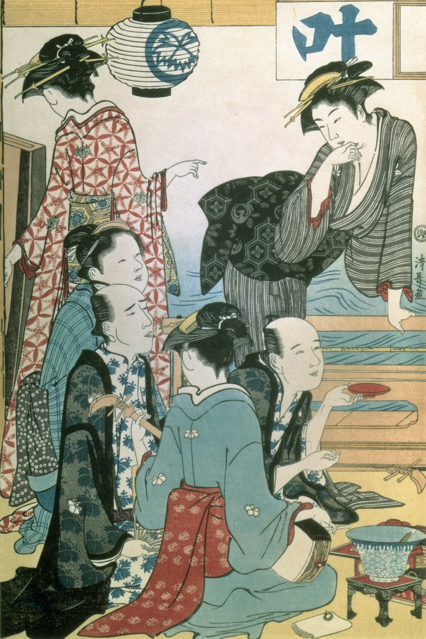 Mulheres do Bairro Gay, painel do lado esquerdo de um díptico (impressão em xilogravura a cores) (ver também 114572) de Torii Kiyonaga