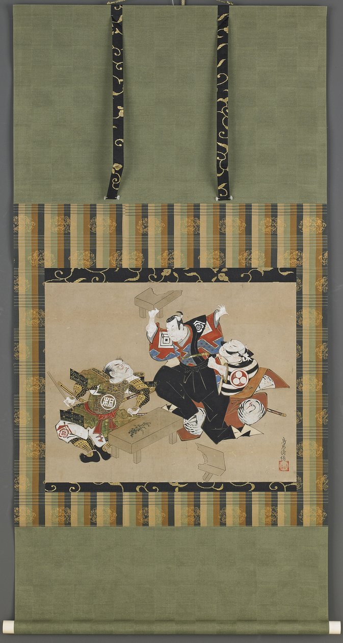 Cena de uma peça de Kabuki, período Edo (tinta, cor e ouro sobre papel) de Torii Kiyonobu I Torii Kiyonobu I