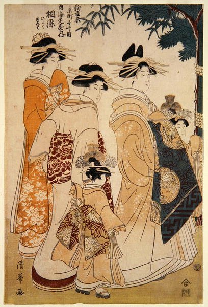 Desfile de Ano Novo em Yoshiwara de Torii (Torii Kiyomitsu II) Kiyomine