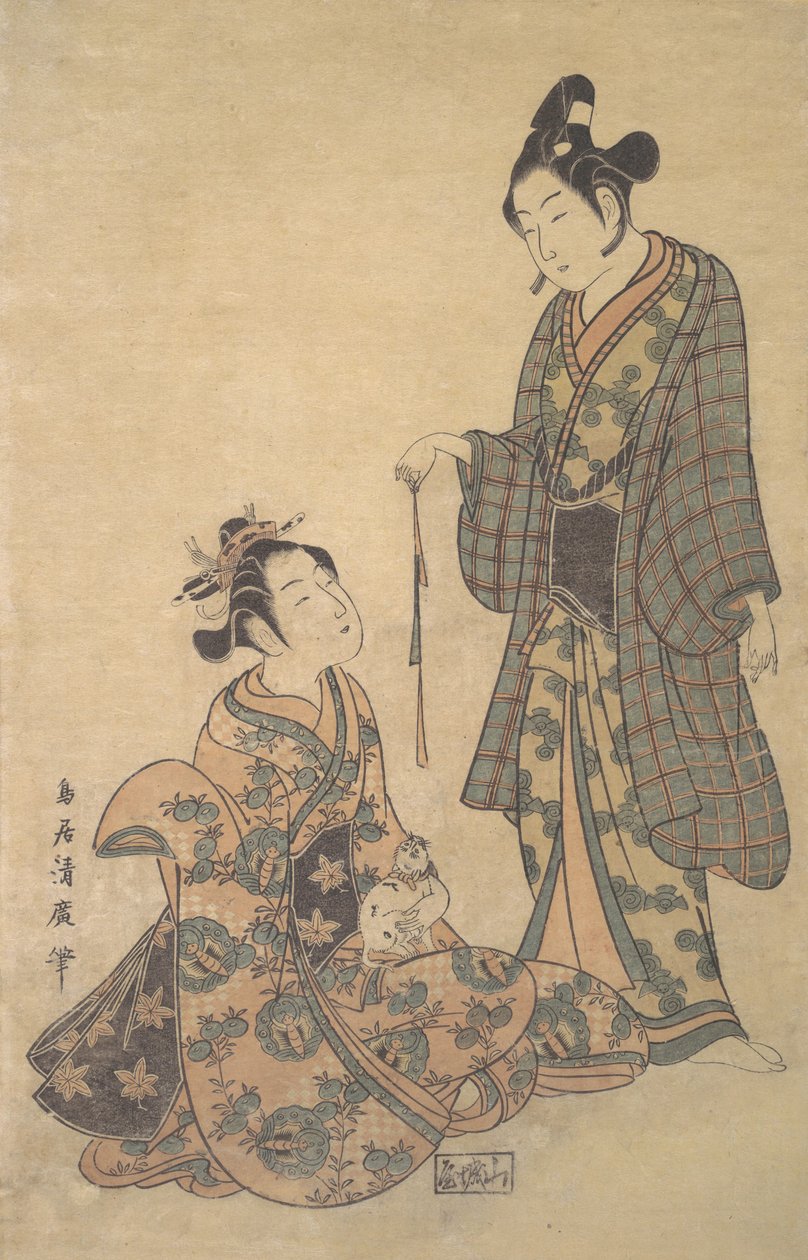 Mulher sentada segurando um gato, ca. 1755. de Torii Kiyohiro