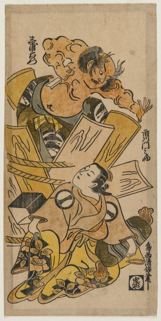 Ichikawa Monnosuke como cortesã e Nakajima Mioemon saindo de um barril, por volta de 1720. de Torii Kiyomasu