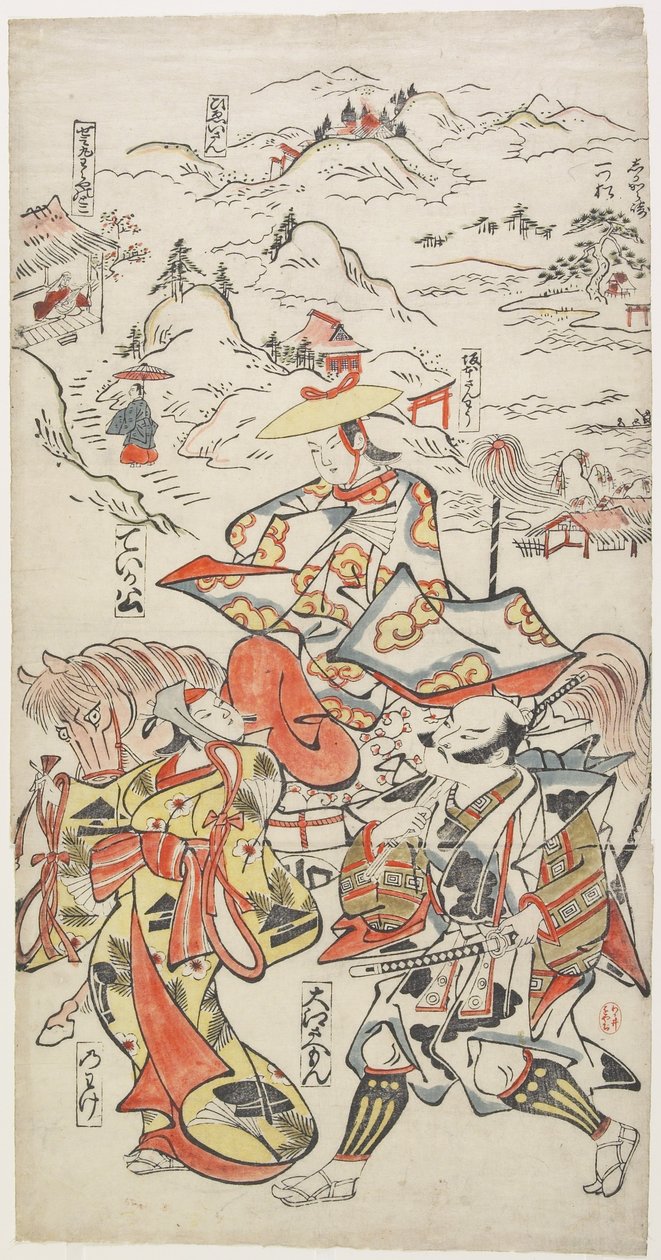 Fujiwara no Teika a cavalo Acompanhado por O_e Saemon e The Woman Nowake, c. 1710 de Torii Kiyomasu II
