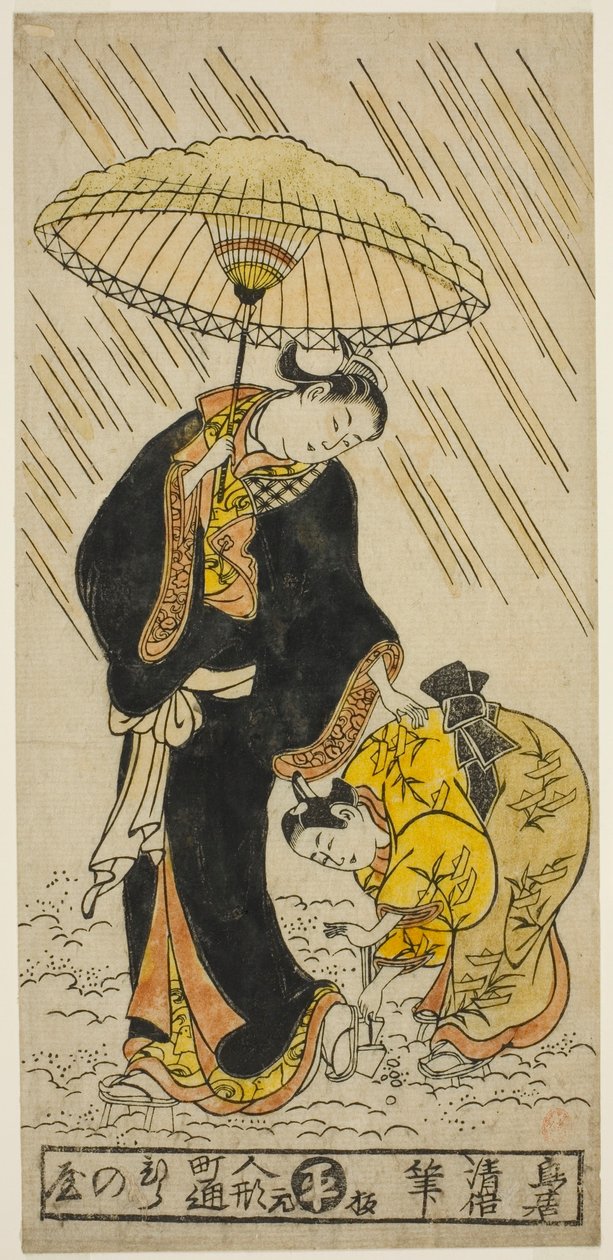 Batendo a neve de um par de tamancos de Torii Kiyomasu II