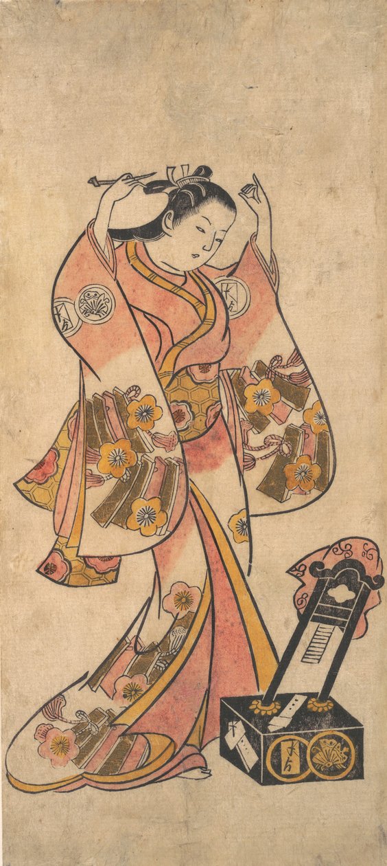 Sanjo Kantaro como Mulher Arrumando Seu Cabelo Antes de um Espelho de Laca, antes de 1763. de Torii Kiyomasu II.