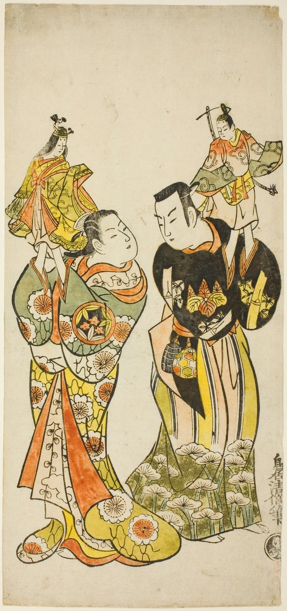 Os atores Yamashita Kinsaku I e Hayakawa Hatsuse como marionetistas na peça "Diary Kept on a Journey by Sea to Izu" ("Funadama Izu Nikki"), apresentada no Teatro Nakamura no primeiro mês de 1725 de Torii Kiyomasu II