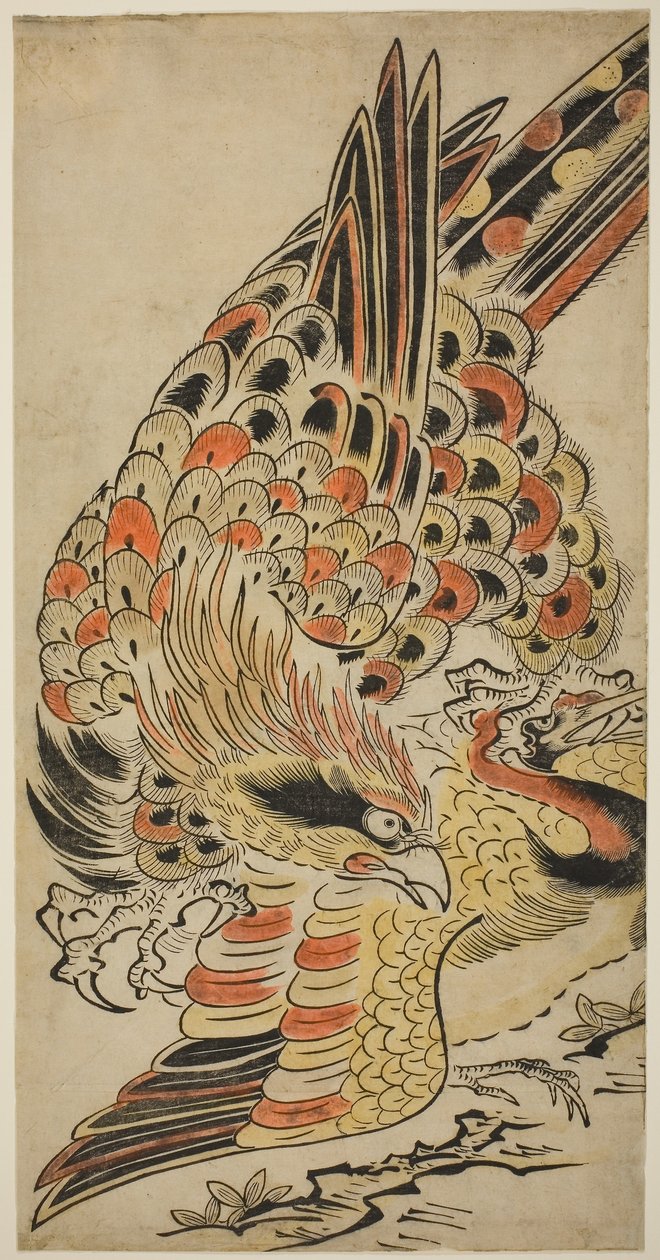 A Hawk Capturing a Crane in Flight, c.1715 (impressão em bloco de madeira colorida à mão) de Torii Kiyomasu I