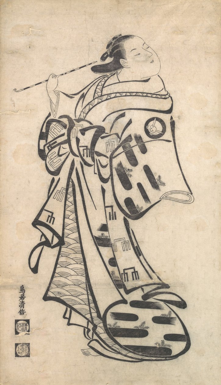 Um Oiran de pé, um Cachimbo na Mão Direita, e virando-se para olhar para trás sobre o seu Shoul..., ca. 1705. de Torii Kiyomasu I