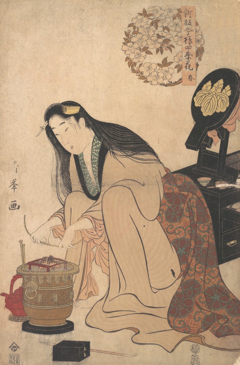 Senhora Arranjando Suporte de Binsashi para o Cabelo sobre as têmporas para colocar em seu cabelo, ca..., ca. 1808. de Torii Kiyomine