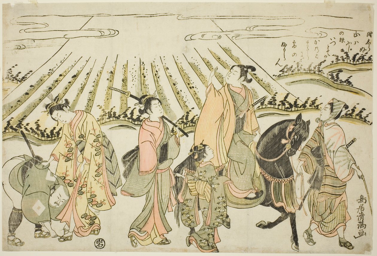 Uma paródia da viagem oriental de Narihira de Torii Kiyomitsu I