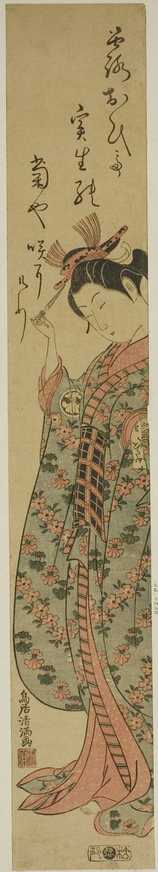 O ator Segawa Kikunojo II como uma mulher que segura um gancho de cabelo de Torii Kiyomitsu I