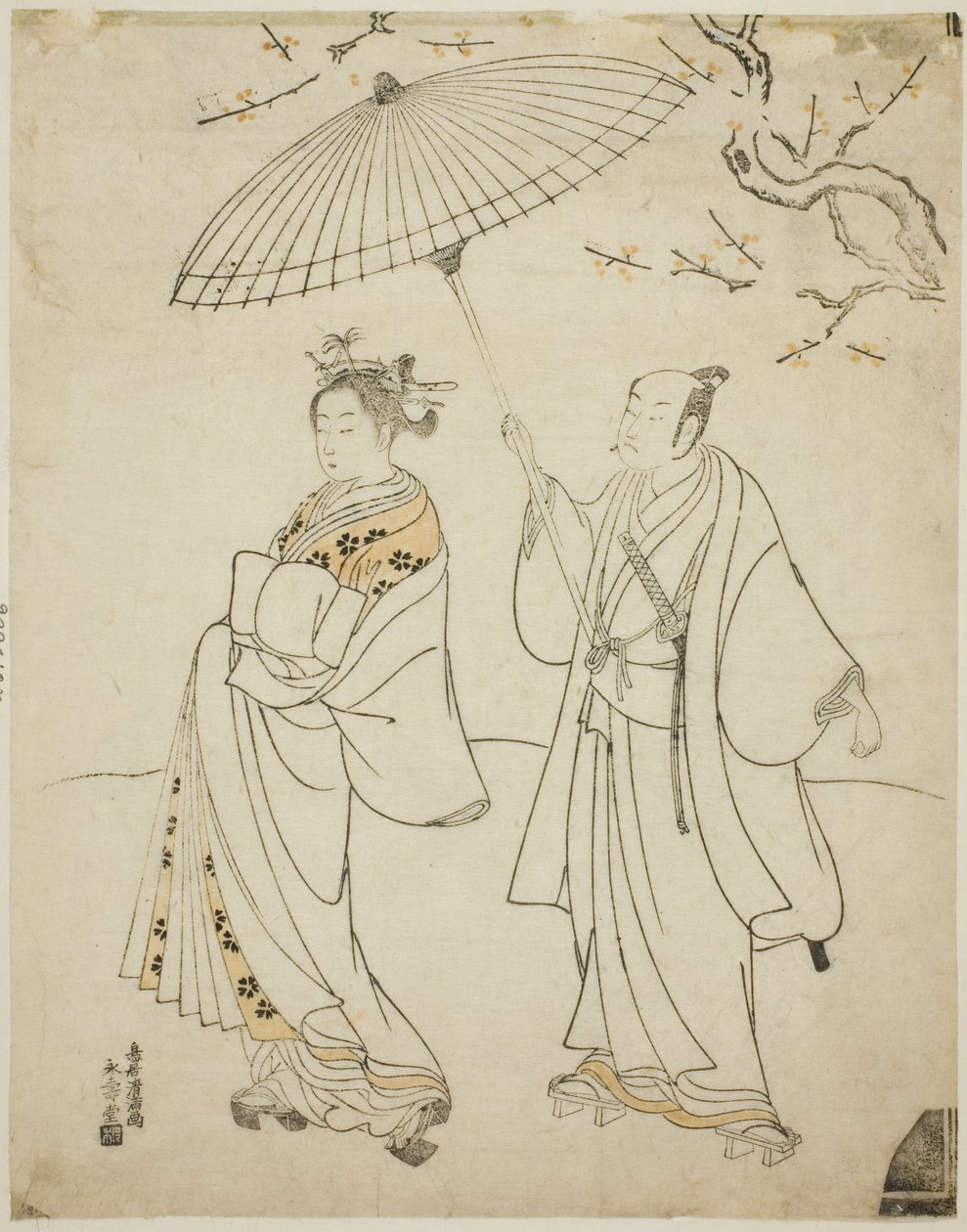 Os actores Ichikawa Komazo I (E) e Nakamura Matsue I (D) de Torii Kiyomitsu I