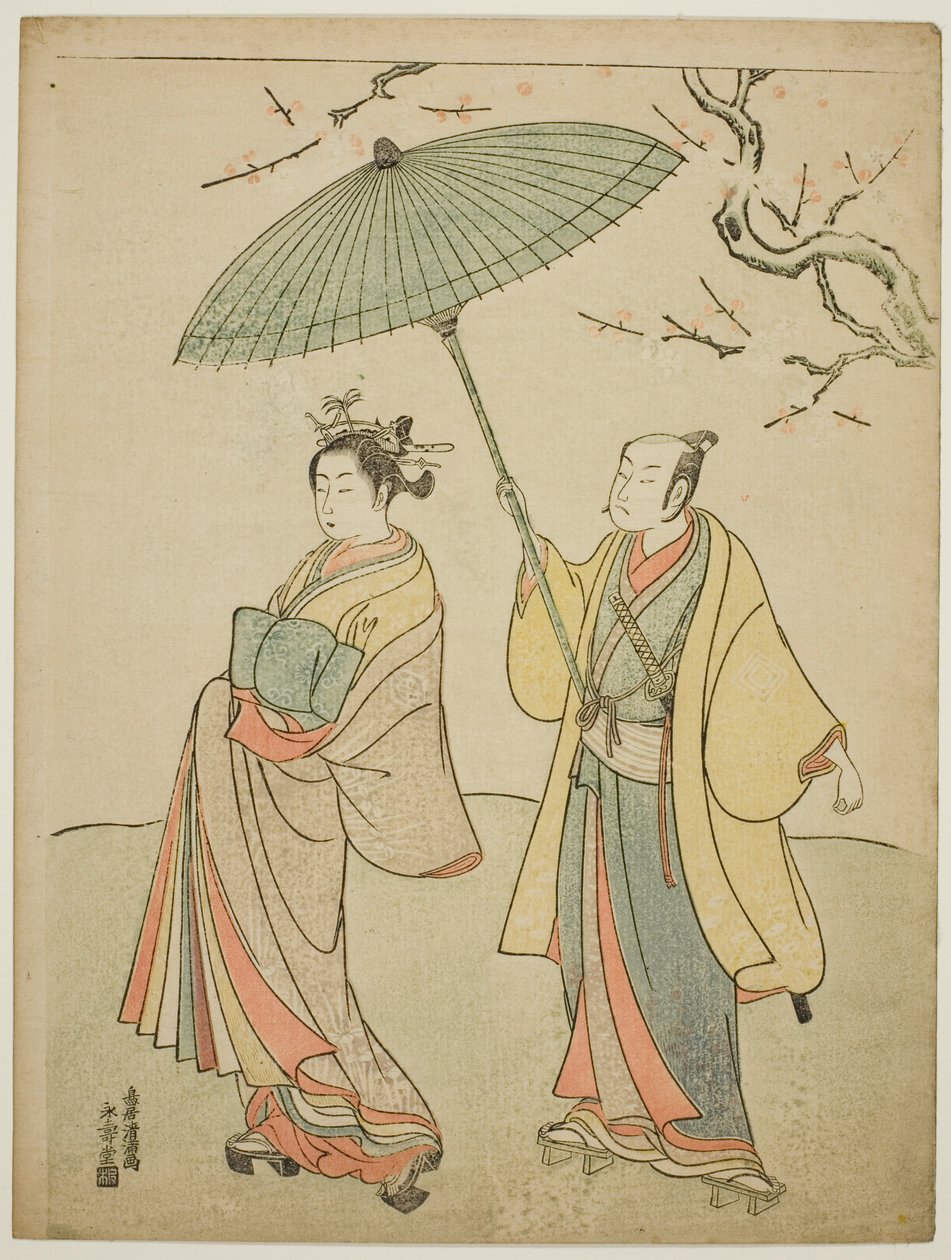 Os actores Ichikawa Komazo I (E) e Nakamura Matsue I (D) de Torii Kiyomitsu I