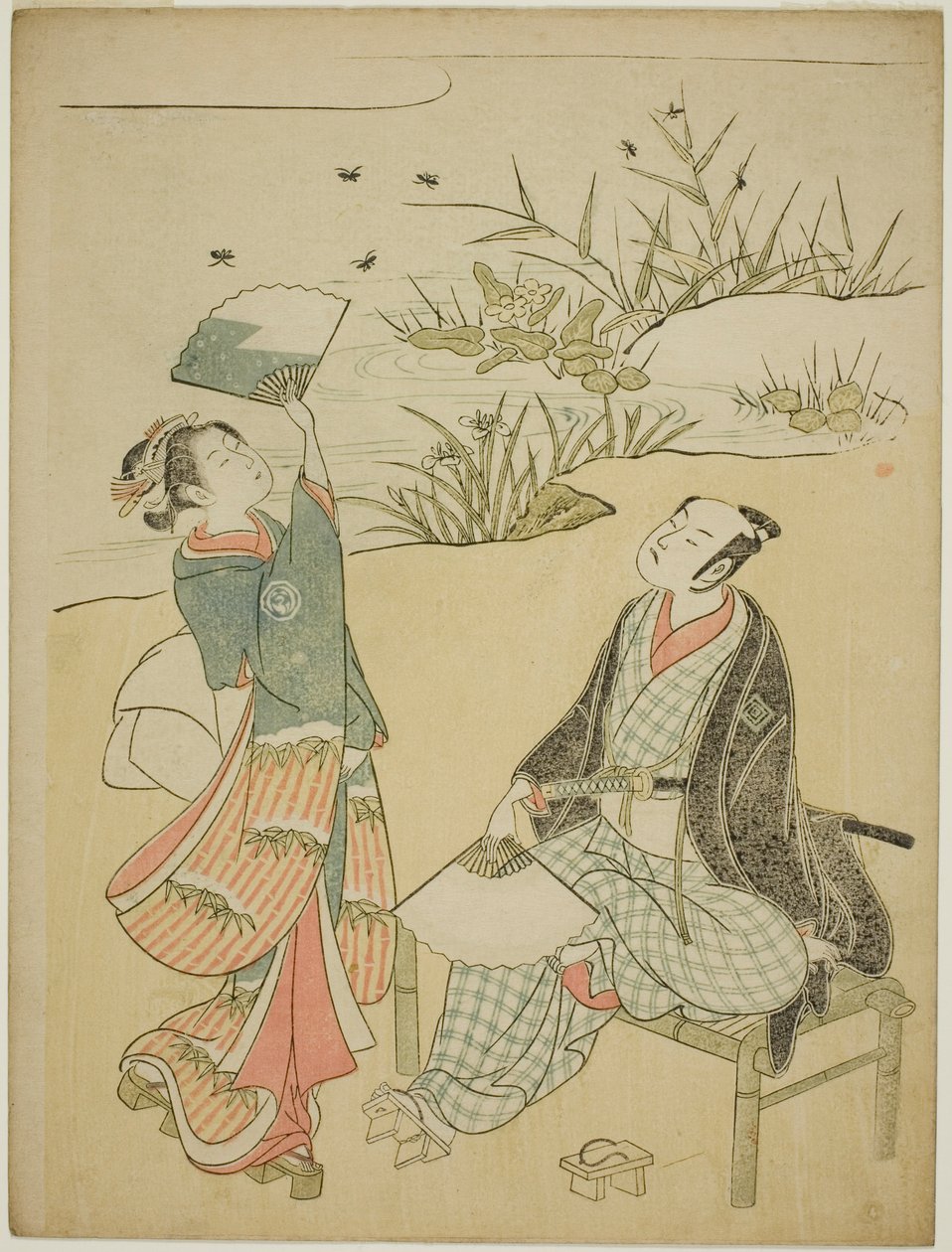 Dois actores a apanhar pirilampos de Torii Kiyomitsu I