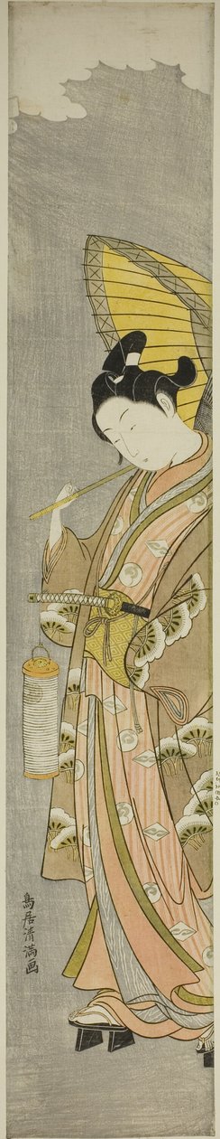 Jovem com guarda-chuva e lanterna de Torii Kiyomitsu I