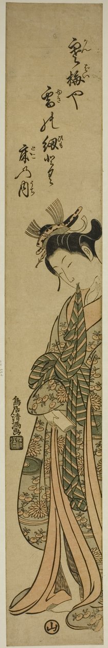 Mulher jovem segurando obi entre os dentes de Torii Kiyomitsu I