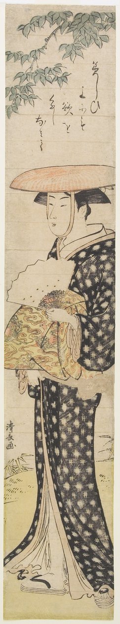 (Uma mulher com um chapéu andando debaixo de uma árvore), 1782 de Torii Kiyonaga