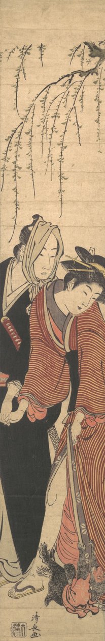 Um casal de amantes brincando com um macaco, 1780. de Torii Kiyonaga