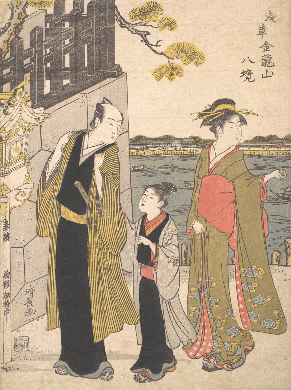 Um homem com um menino e uma gueixa visitando o templo Kinryusan, ca. 1787. de Torii Kiyonaga