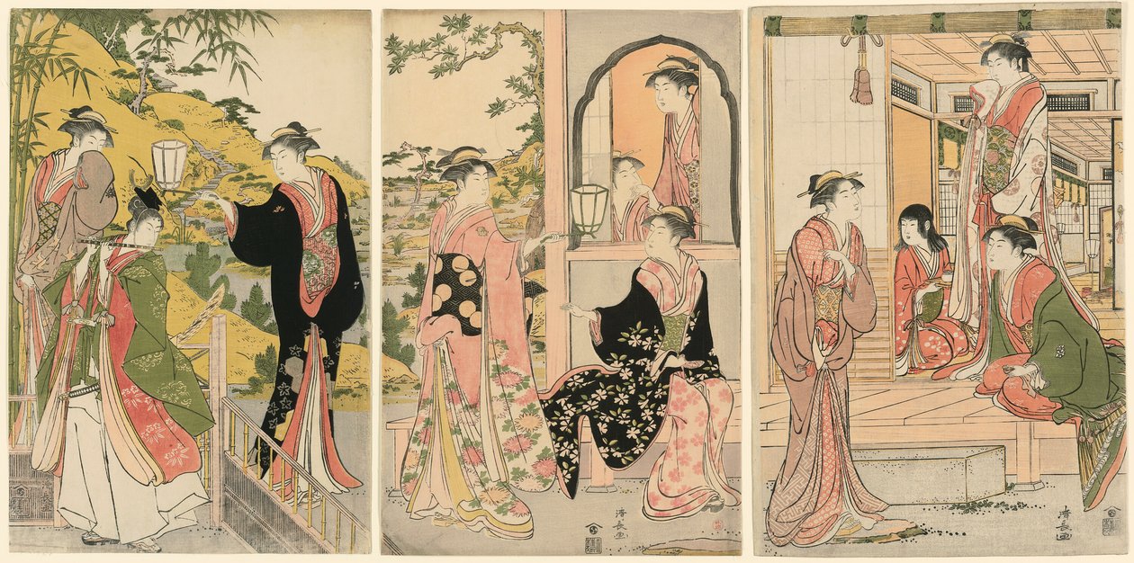 Uma versão moderna de Ushiwakamaru Serenading Princess Joruri de Torii Kiyonaga