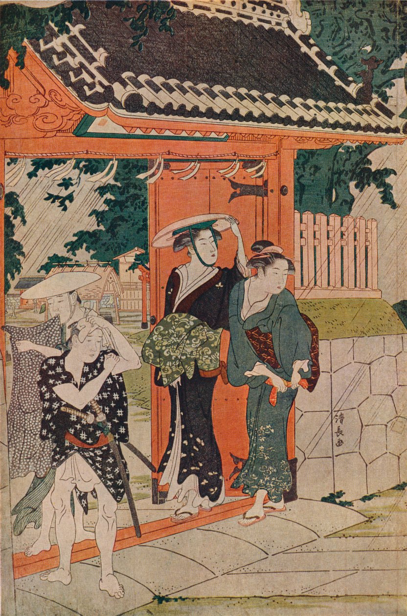 Uma chuva repentina no santuário Mimeguri Inari, 1787 de Torii Kiyonaga