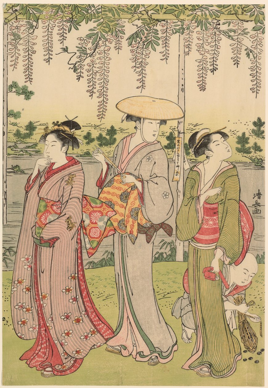 Admirando as glicínias no Santuário Kameido de Torii Kiyonaga
